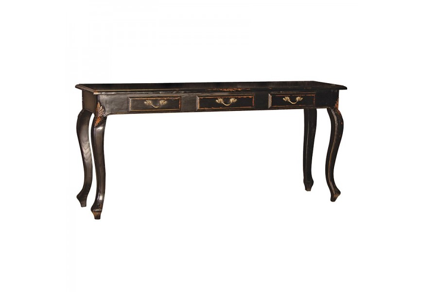 Luxusní vintage konzolový stolek Shanxi z mahagonového masivu tmavě hnědé barvy se zlatým rustikálním zdobením
