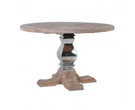 Luxusní hnědý kulatý jídelní stůl Braddock s jednou středovou nohou s chromovým zdobením ve venkovském stylu 135cm