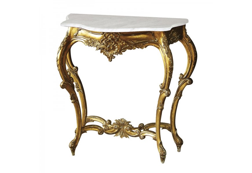 Luxusní barokní konzolový stolek Roi Gilt ve zlatém mahagonovém vyřezávaném provedení s mramorovou bílou vrchní deskou