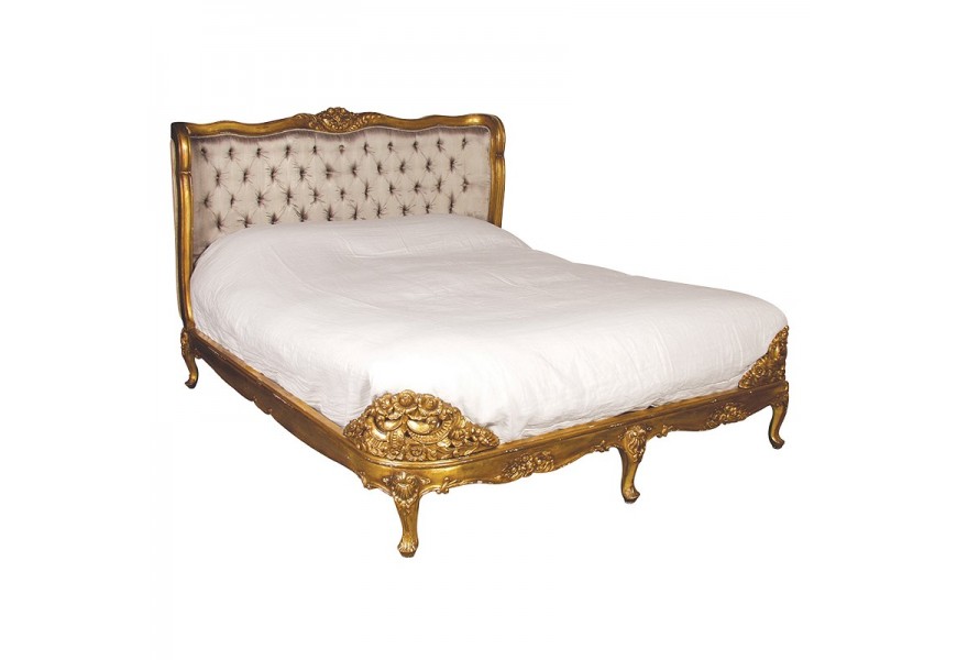 Luxusní zámecká postel Roi Gilt s rámem z mahagonového dřeva se zlatou povrchovou úpravou a béžovým hedvábným potahem na čele postele