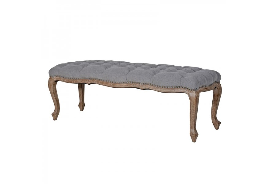 Elegantní lavice KARLOTTA s šedým chesterfield čalouněním z masivu na nožičkách 158cm