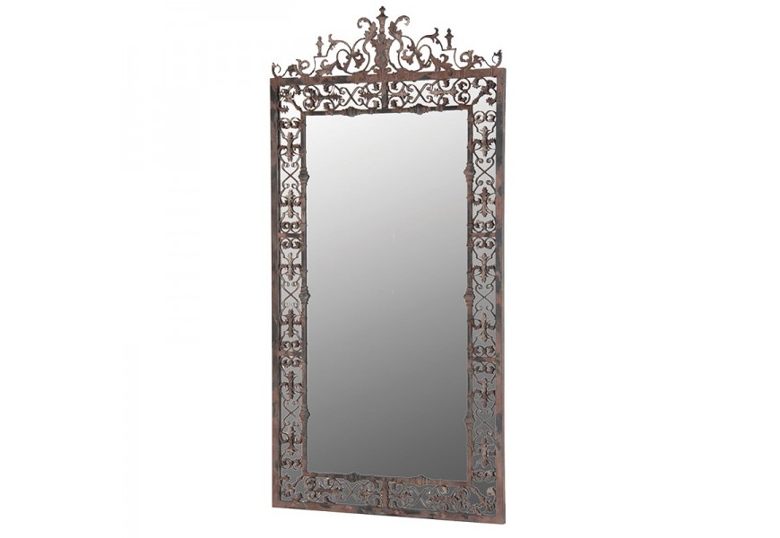 Vintage závěsné Zrcadlo Siegel s rustikálním ornamentálním zdobením s hnědým rámem z kovu s patinou