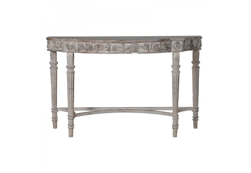 Vintage konzolový stolek Kasiopei do předsíně ze dřeva a pryskyřice s rustikálním vyřezáváním 142cm