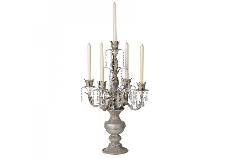Luxusní rustikální svícen Sarah z kovu ve stříbrné barvě s patinou zestárnutí a skleněným zdobením