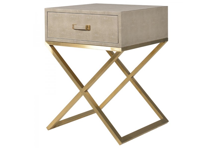 Elegantní art-deco noční stolek Faux Shagreen v béžovém provedení se zlatou kovovou konstrukcí ze šagrenové kůže