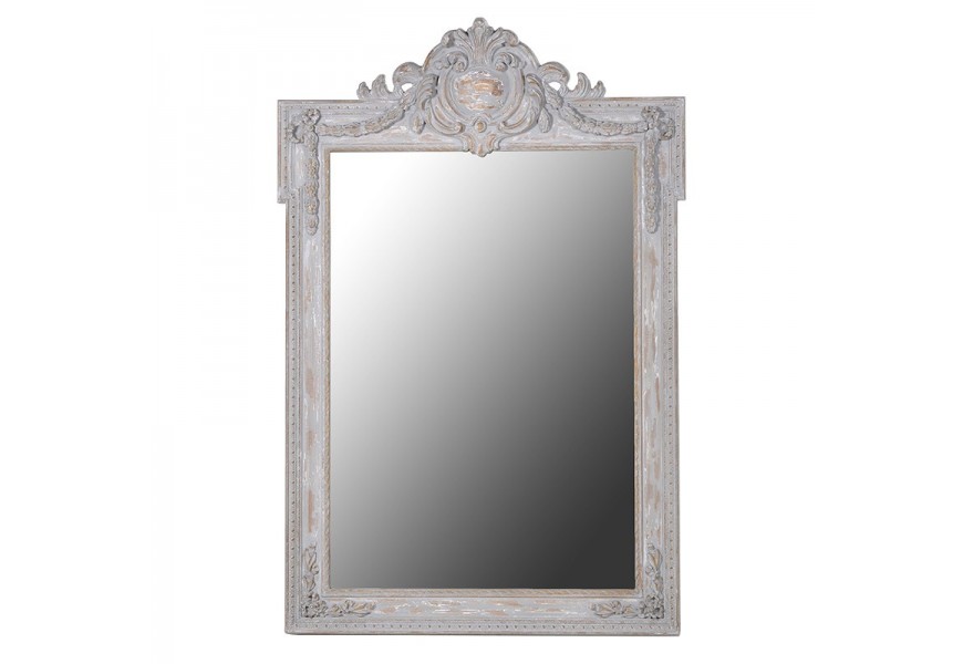Exkluzivní vintage nástěnné zrcadlo Aubrey s dřevěným obdélníkovým rámem šedé barvy s vyřezávaným zdobením