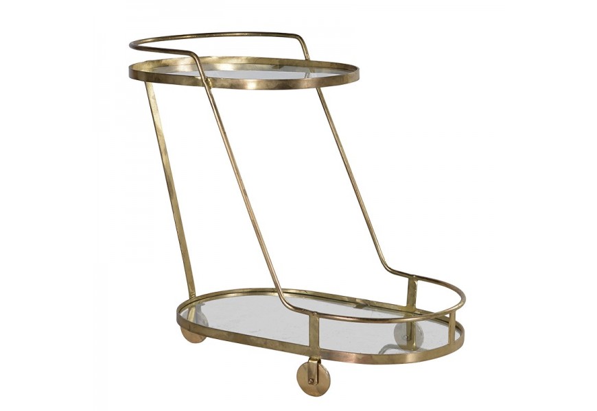 Art-deco oválný příruční stolek Heder na kolečkách se zlatou konstrukcí a skleněnou deskou 77cm
