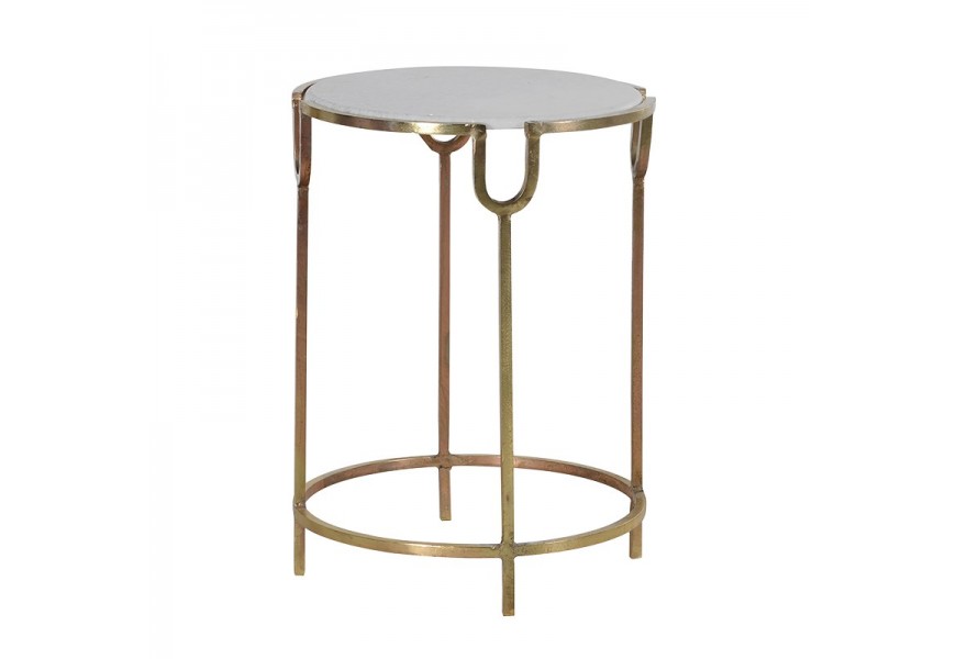 Art-deco příruční stolek Melis se zlatými nohama a kruhovou deskou z kamene 45cm
