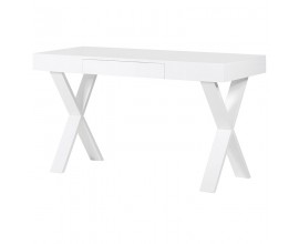 Moderní bílý psací stolek Glossa se středovou zásuvkou a překříženými nožičkami lesklý