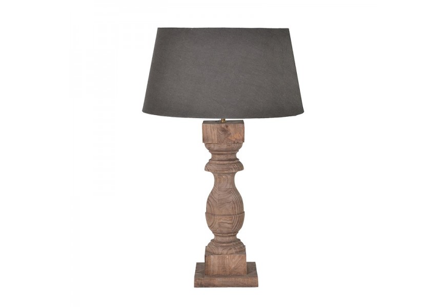 Stylová koloniální stolní lampa Chene Vieux s dřevěnou mangovou nohou v hnědé barvě a bavlněným černým stínítkem 79 cm