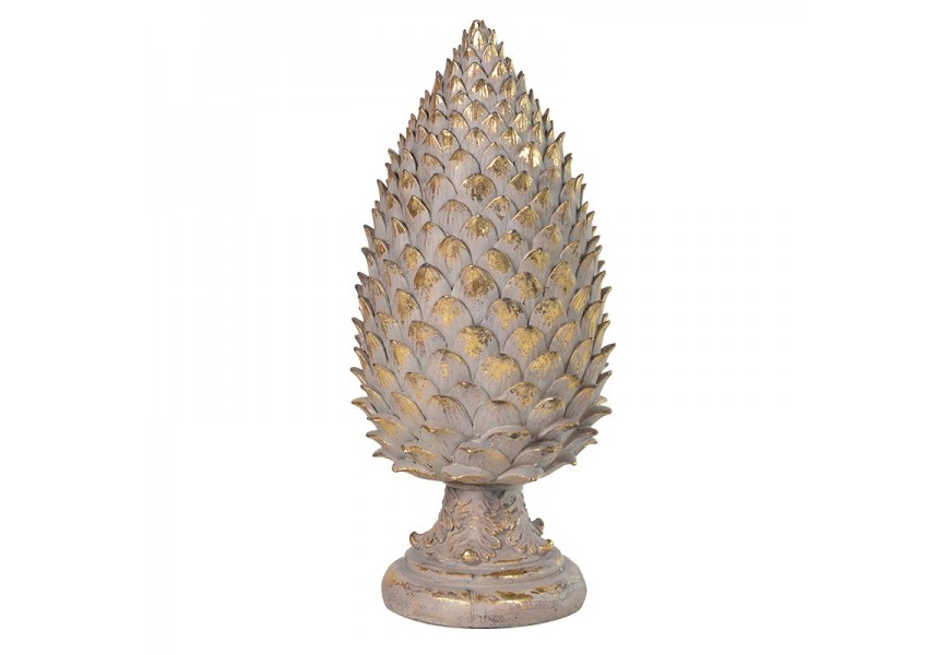 Designová glamour soška Finea v podobě velké borové šišky na podstavci ve zlatém provedení s vintage efektem zešoupané barvy
