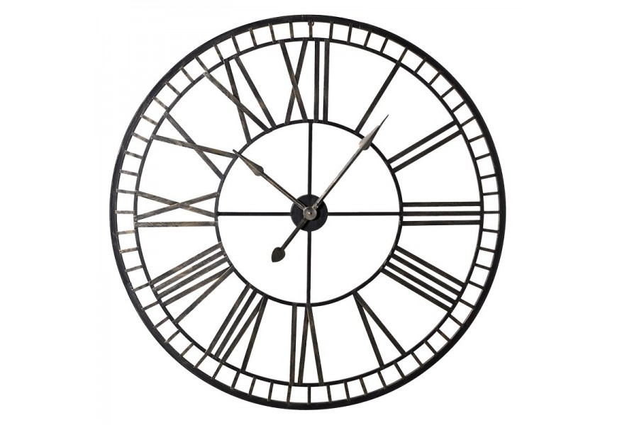 Designov&eacute; vintage kulat&eacute; kovov&eacute; n&aacute;stěnn&eacute; hodiny s ř&iacute;msk&yacute;mi č&iacute;slicemi v černo zlat&eacute; barvě 70cm