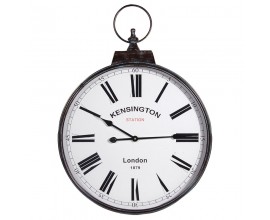 Designové vintage nástěnné hodiny Kensington Station s černým kovovým rámem s patinou a římskými číslicemi 81 cm