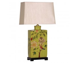 Vkusná keramická vintage lampa Gorrion se vzorem popínavých růží a ptactva s hranatým stínítkem s podstavou z kafrového dřeva