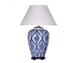 Luxusní bílá porcelánová lampa Camwhor s masivním podstavcem z kafrového dřeva s modrými květovými vzory ve vintage provedení