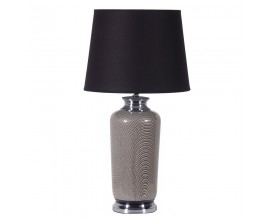 Luxusní tmavá noční lampa Morttia s černým stínítkem a šedým keramickým tělem se stříbrným zdobením ve vintage stylu
