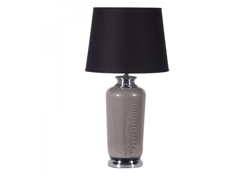 Luxusní tmavá noční lampa Morttia s černým stínítkem a šedým keramickým tělem se stříbrným zdobením ve vintage stylu