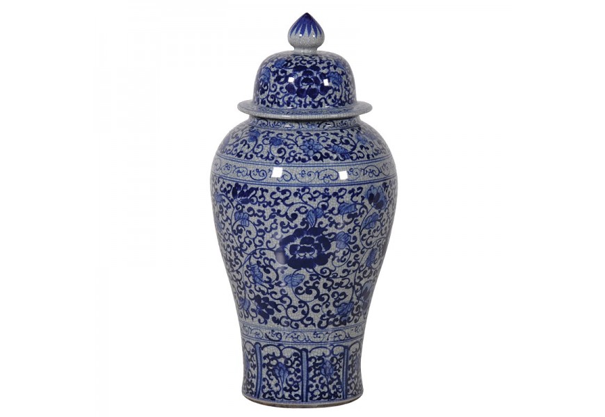 Vkusná exkluzivní dekorační modře bílá nádoba Ormond zdobená florálními motivy a krakelé glazurou ve vintage provedení