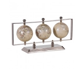 Stolní art-deco dekorace tří glóbusů Tanos v kovovém rámu s obdélníkovým podstavcem stříbrná 42cm