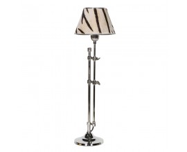 Art deco moderní stolní lampa Marty se stříbrnou vysoce lesklou konstrukcí s nastavitelnou výškou a koženým stínítkem se vzorem zebry v hnědo černé barvě
