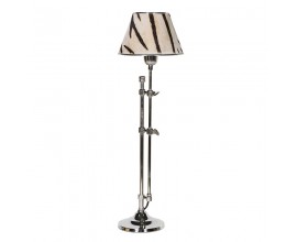 Stolní lampa Marty ve stylu art deco s kovovou lesklou stříbrnou konstrukcí a koženým stínítkem se vzorem zebry 68cm