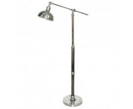 Designová industriální stojací lampa Theo s kovovým stínítkem a dřevěným stojanem výškově nastavitelná stříbrná 152 cm