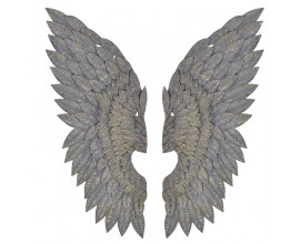 Moderní nástěnná dekorace Wingy v podobě páru šedých kovových andělských křídel se zlatými detaily ve vintage stylu 110cm