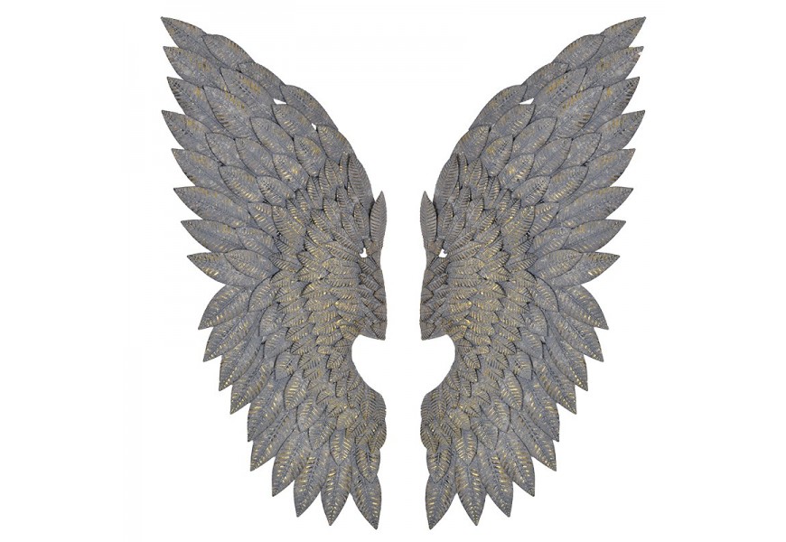 Unikátní interiérová moderní nástěnná dekorace andělská křídla Wingy v šedé barvě se zlatou lesklou patinou