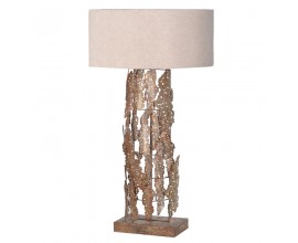 Art deco stolní lampa Thema se zlatým kovovým podstavcem v podobě kůry a kulatým stínítkem v béžové barvě 88cm