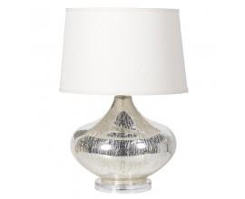 Glamour stříbrná kulatá stolní lampa Perry s bílým válcovým stínítkem a skleněnou nohou 60 cm