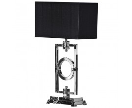 Art-deco stolní lampa Cromo Noir s obdélníkovým černým stínítkem a s podstavou s designem geometrických tvarů v chromové stříbrné barvě