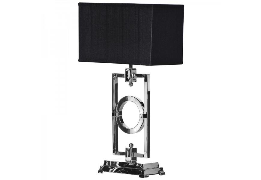 Art-deco stolní lampa Cromo Noir s obdélníkovým černým stínítkem a s podstavou s designem geometrických tvarů v chromové stříbrné barvě