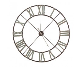 Vintage kovové šedé nástěnné závěsné hodiny Sindy s patinou a římskými číslicemi v kulatém tvaru 122 cm