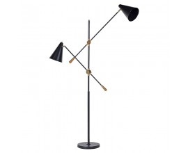 Industriální černá kovová stojací lampa Twin se dvěma nastavitelnými rameny se zlatými detaily se dvěma žárovkami