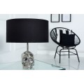 Stylová glamour kulatá kovová stříbrná stolní lampa Skull s nohou v podobě lebky a černým textilním stínítkem 44 cm