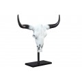 Venkovská bílá dekorace Bull s černými rohy na zeď nebo postavení na obdélníkový černý stojan 50 cm
