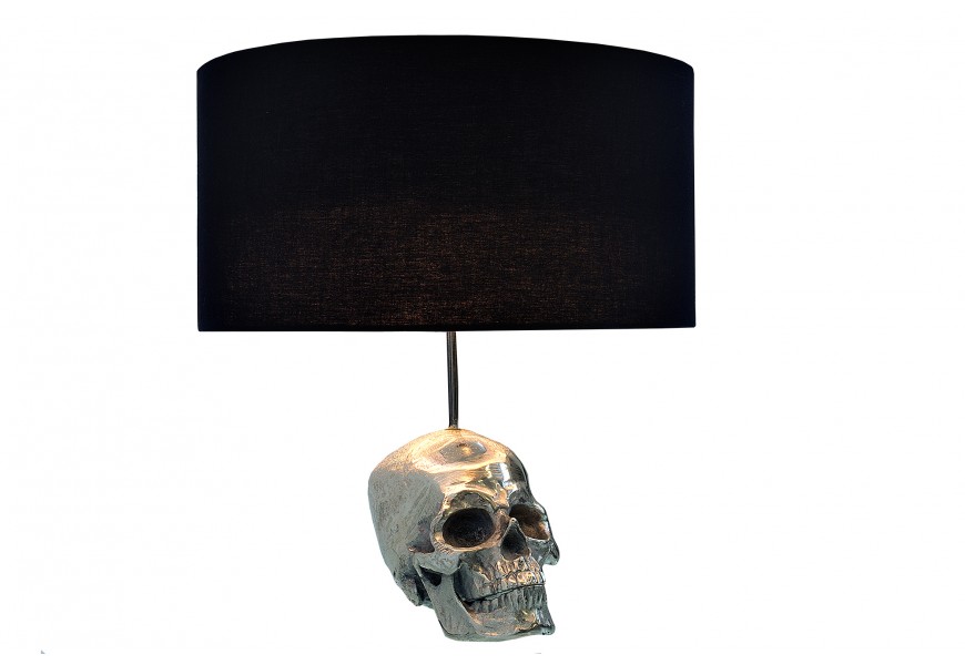 Glamour designová noční lampa Skull s černým kulatým textilním stínítkem a stříbrným podstavcem ve tvaru lebky