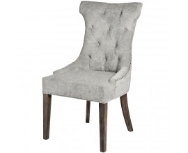 Chesterfield luxusní jídelní židle Thatcher šedá se stříbrnými aplikacemi a nohami ze dřeva 102cm