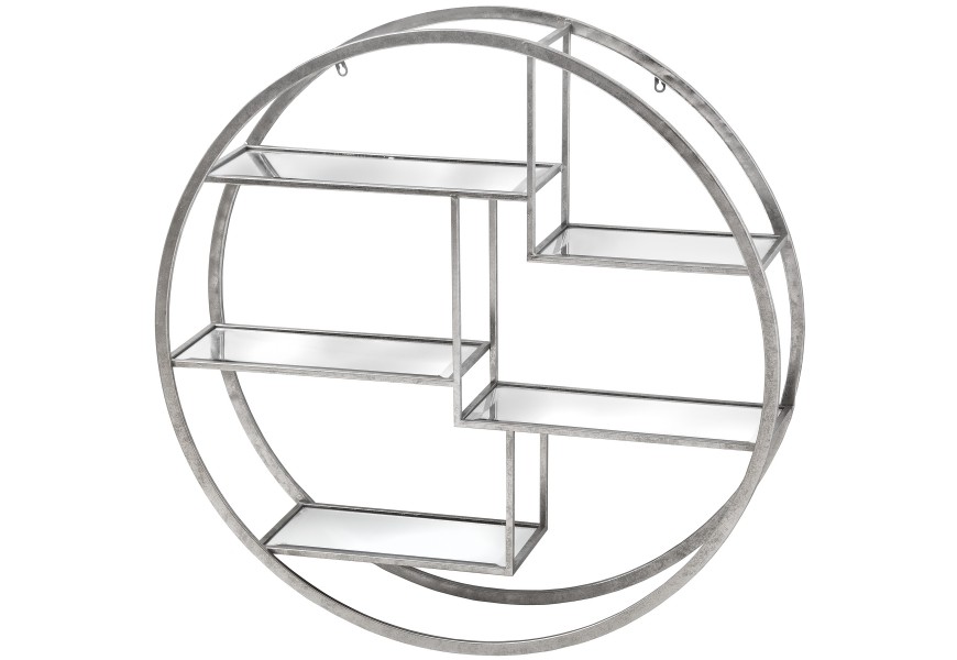 Designová art deco nástěnná závěsná kulatá kovová stříbrná pětistupňová polička Circle se zrcadlovými deskami 92 cm