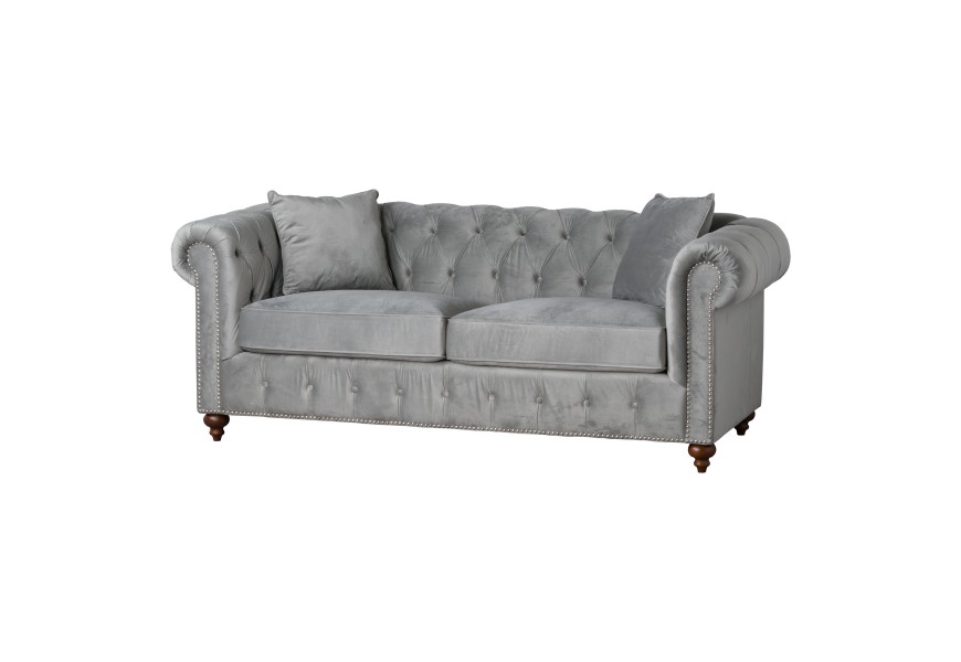 Grey Velvet Chesterfield Three Seater Sofa