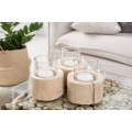 Set 3 kulatých teakových svícnů Solaro ve světle hnědé barvě s matným povrchem a skleněnou ochranou 14 cm