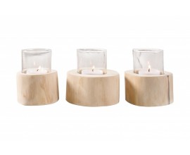 Set 3 kulatých teakových svícnů Solaro ve světle hnědé barvě s matným povrchem a skleněnou ochranou 14 cm