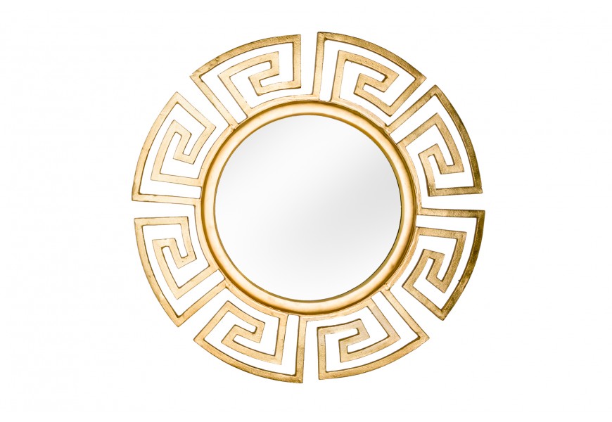 Art deco kulaté nástěnné zrcadlo Euphoria se zlatým kovovým rámem s geometrickým vzorem a hladkým lesklým povrchem 85 cm