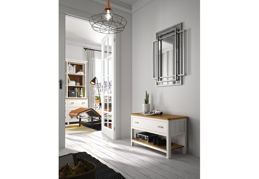 Luxusní moderní masivní bílý botník Cerdena s obdélníkovou lavicí v hnědé barvě se širokou zásuvkou s kovovými úchyty a policí s hranatýma nohama se zaobleným předním rohem