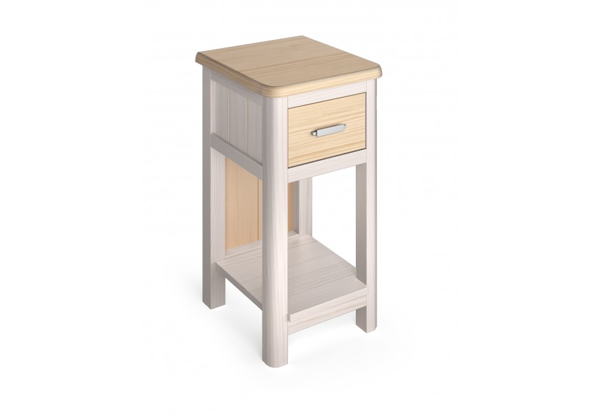 Luxusní masivní čtvercový noční stolek Cerdena s jednou zásuvkou s kovovou úchytkou a otevřenou spodní policí s dlouhými nožičkami ve světle hnědé a bílé barvě