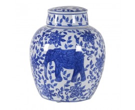 Orientální vintage ručně malovaná nádoba s víkem Haldia z keramiky v modré a bílé barvě se slonem a květinovými ornamenty