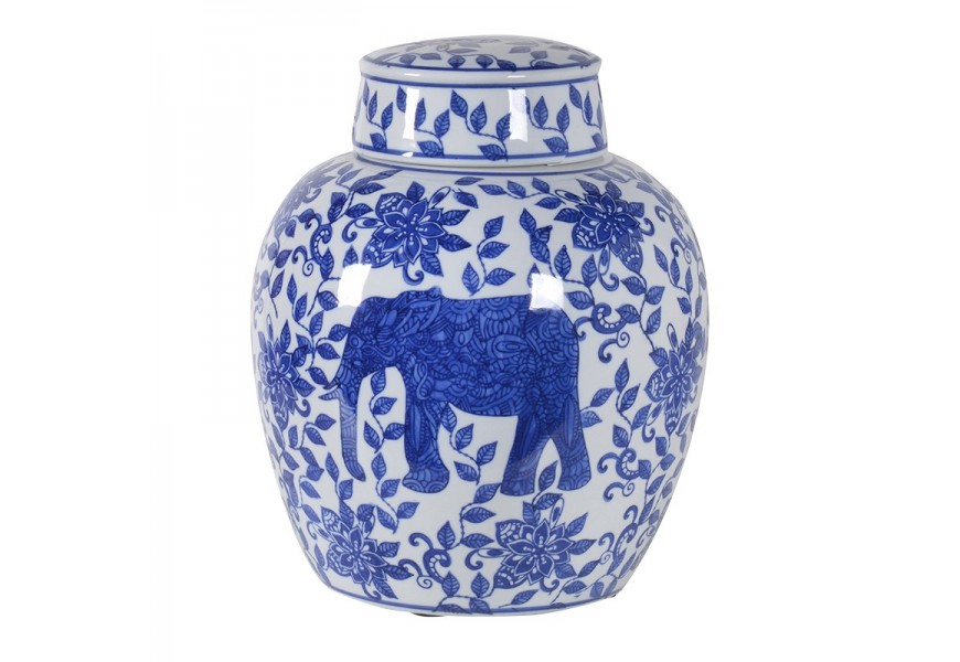 Orientální vintage ručně malovaná nádoba s víkem Haldia z keramiky v modré a bílé barvě se slonem a květinovými ornamenty