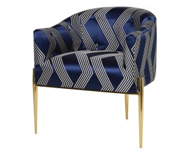 Art-Deco křeslo Pellia Azul v královské modři s bílým vzorem na zlatých nohách 74 cm
