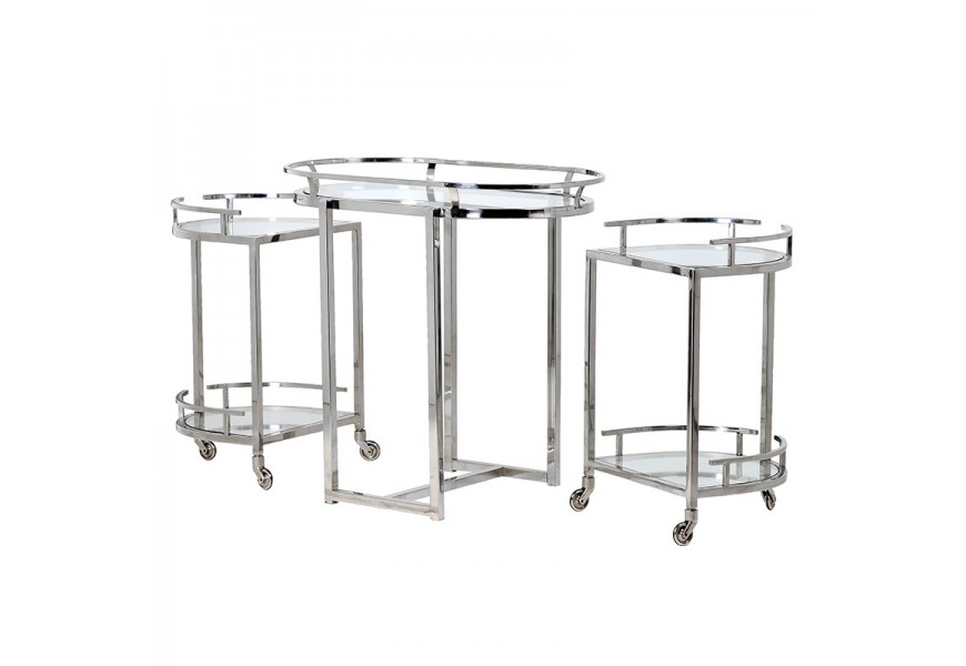 Art-deco luxusní set pěti skleněných příručních stolků s kolečky Virginie chromový