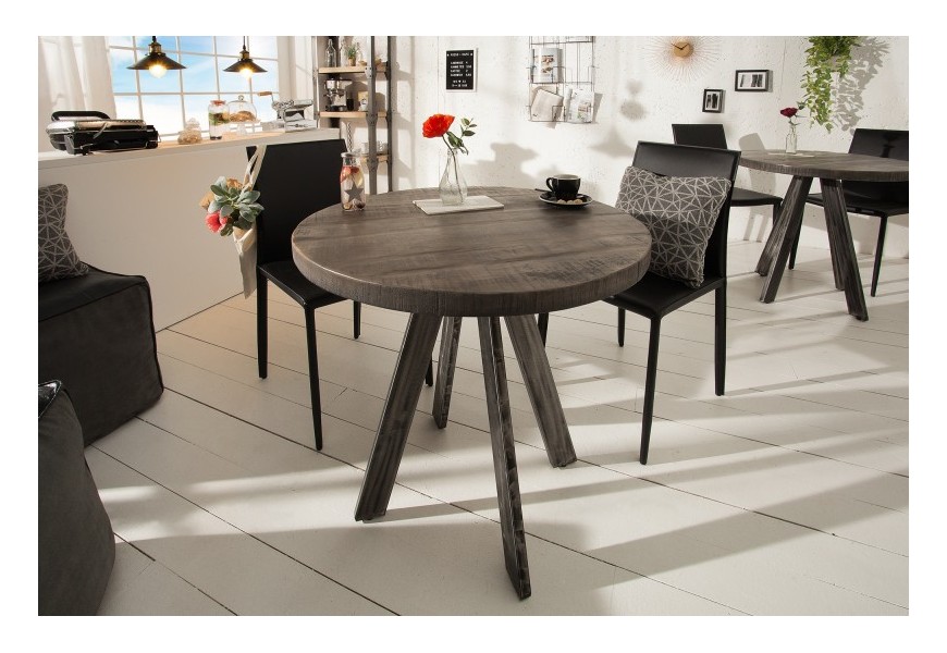 Industriální designový kulatý jídelní stůl Ivar šedý z masivu